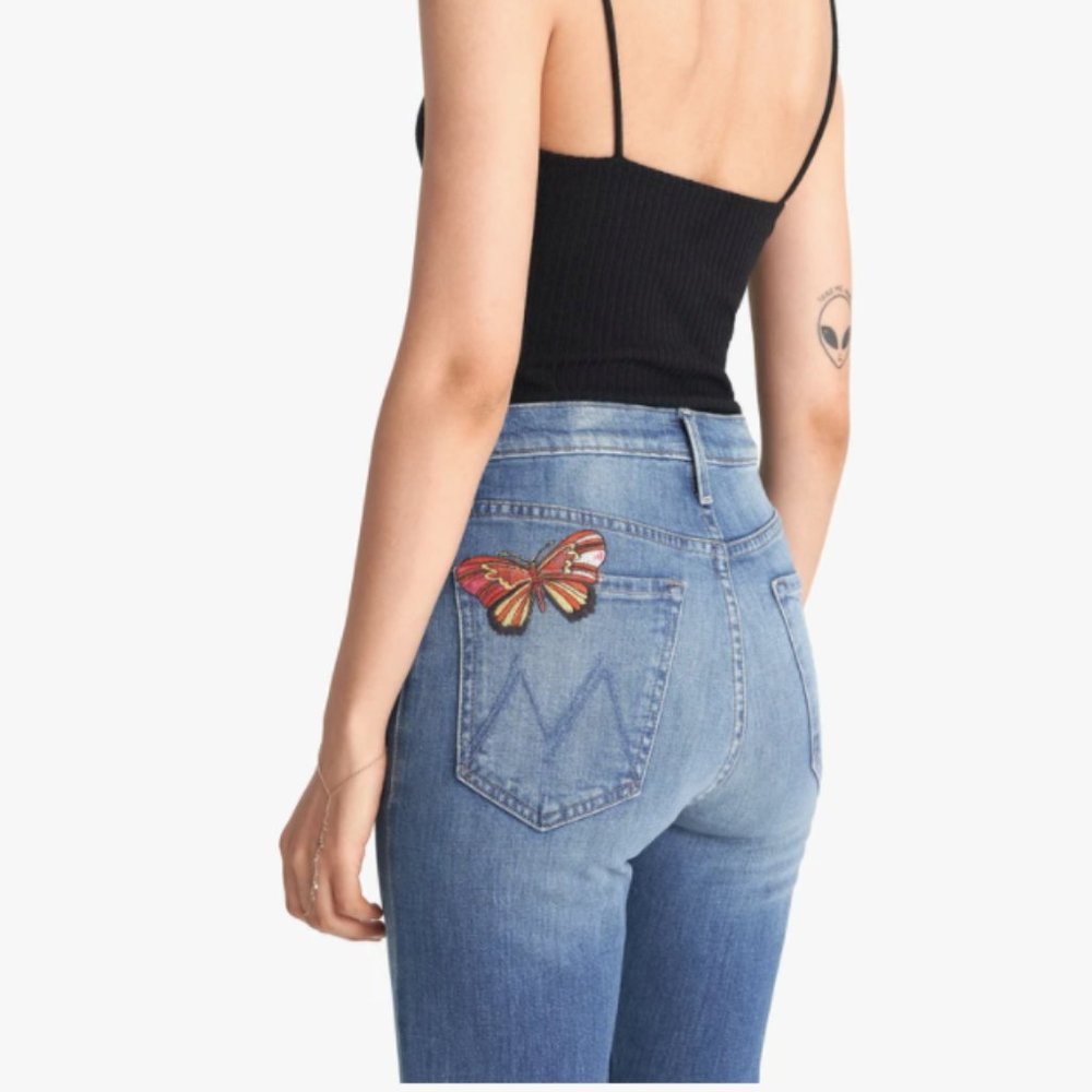 MOTHER High Rise Jeans with Red Orange Butterfly Patch